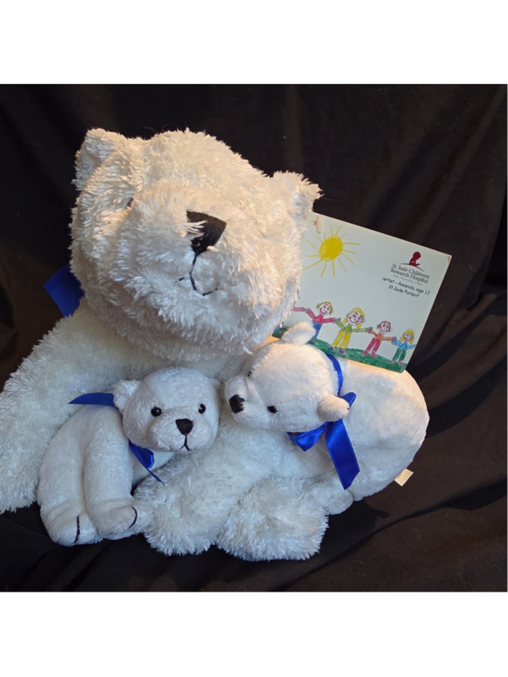 White Plush Mama Bear with 2 Cubs, Blue Ribbon, St. Jude Tag, Amanda
